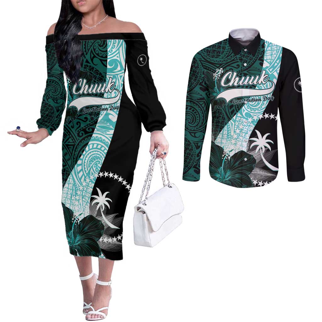 Chuuk Constitution Day Couples Matching Off The Shoulder Long Sleeve Dress and Long Sleeve Button Shirt Hibiscus Turquoise Pattern LT01 Turquoise - Polynesian Pride