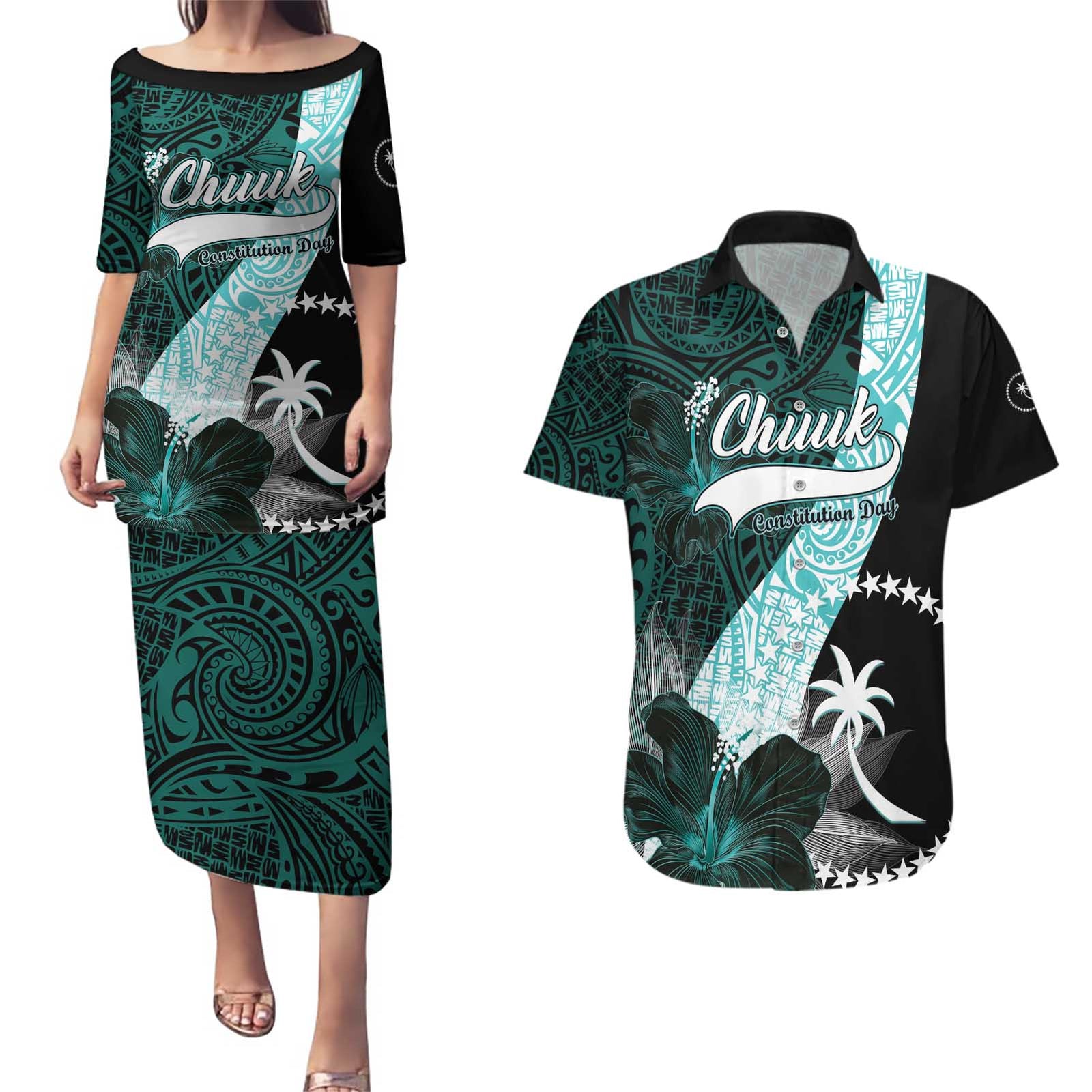 Chuuk Constitution Day Couples Matching Puletasi and Hawaiian Shirt Hibiscus Turquoise Pattern LT01 Turquoise - Polynesian Pride