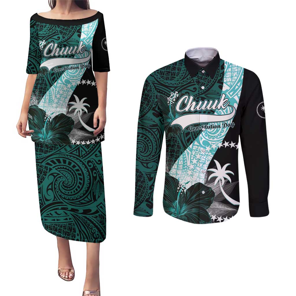 Chuuk Constitution Day Couples Matching Puletasi and Long Sleeve Button Shirt Hibiscus Turquoise Pattern LT01 Turquoise - Polynesian Pride