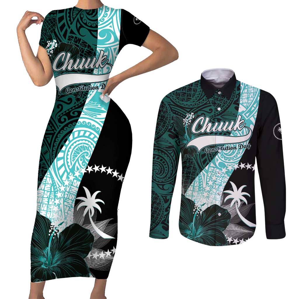Chuuk Constitution Day Couples Matching Short Sleeve Bodycon Dress and Long Sleeve Button Shirt Hibiscus Turquoise Pattern LT01 Turquoise - Polynesian Pride