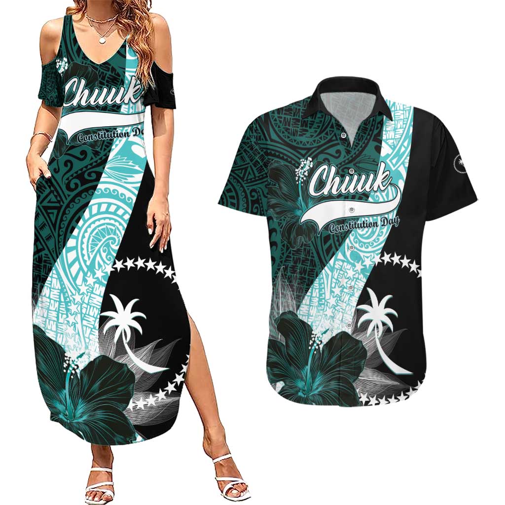 Chuuk Constitution Day Couples Matching Summer Maxi Dress and Hawaiian Shirt Hibiscus Turquoise Pattern LT01 Turquoise - Polynesian Pride