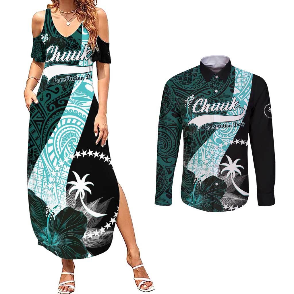 Chuuk Constitution Day Couples Matching Summer Maxi Dress and Long Sleeve Button Shirt Hibiscus Turquoise Pattern LT01 Turquoise - Polynesian Pride
