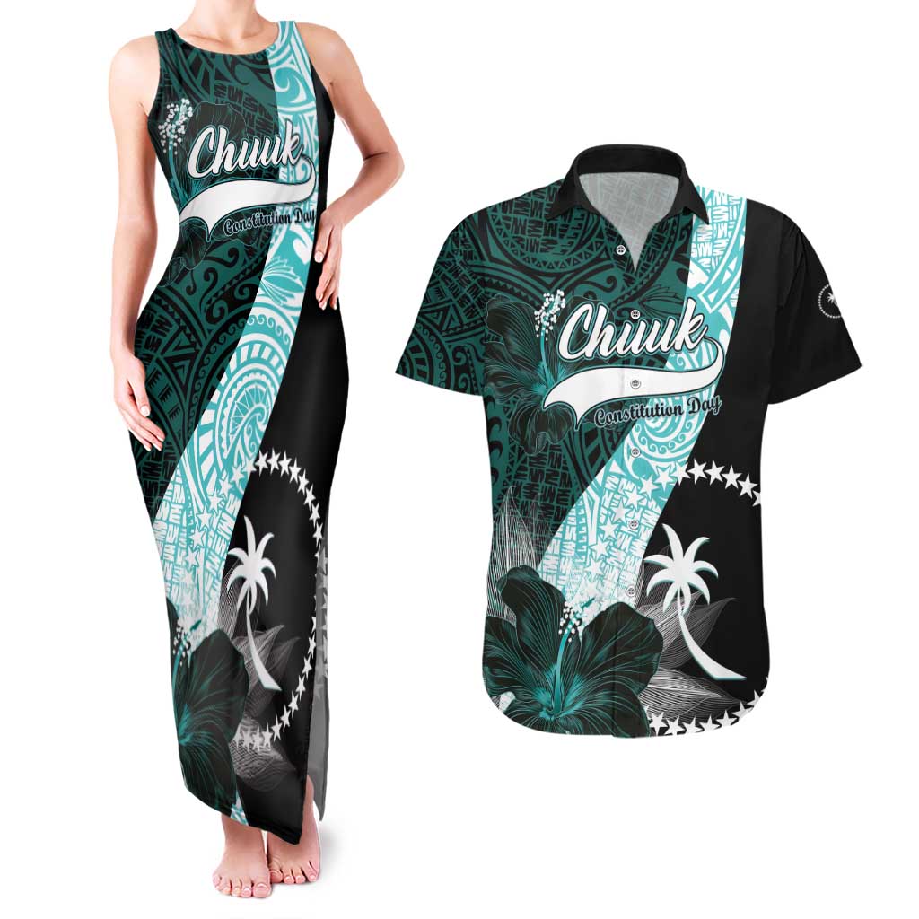 Chuuk Constitution Day Couples Matching Tank Maxi Dress and Hawaiian Shirt Hibiscus Turquoise Pattern LT01 Turquoise - Polynesian Pride