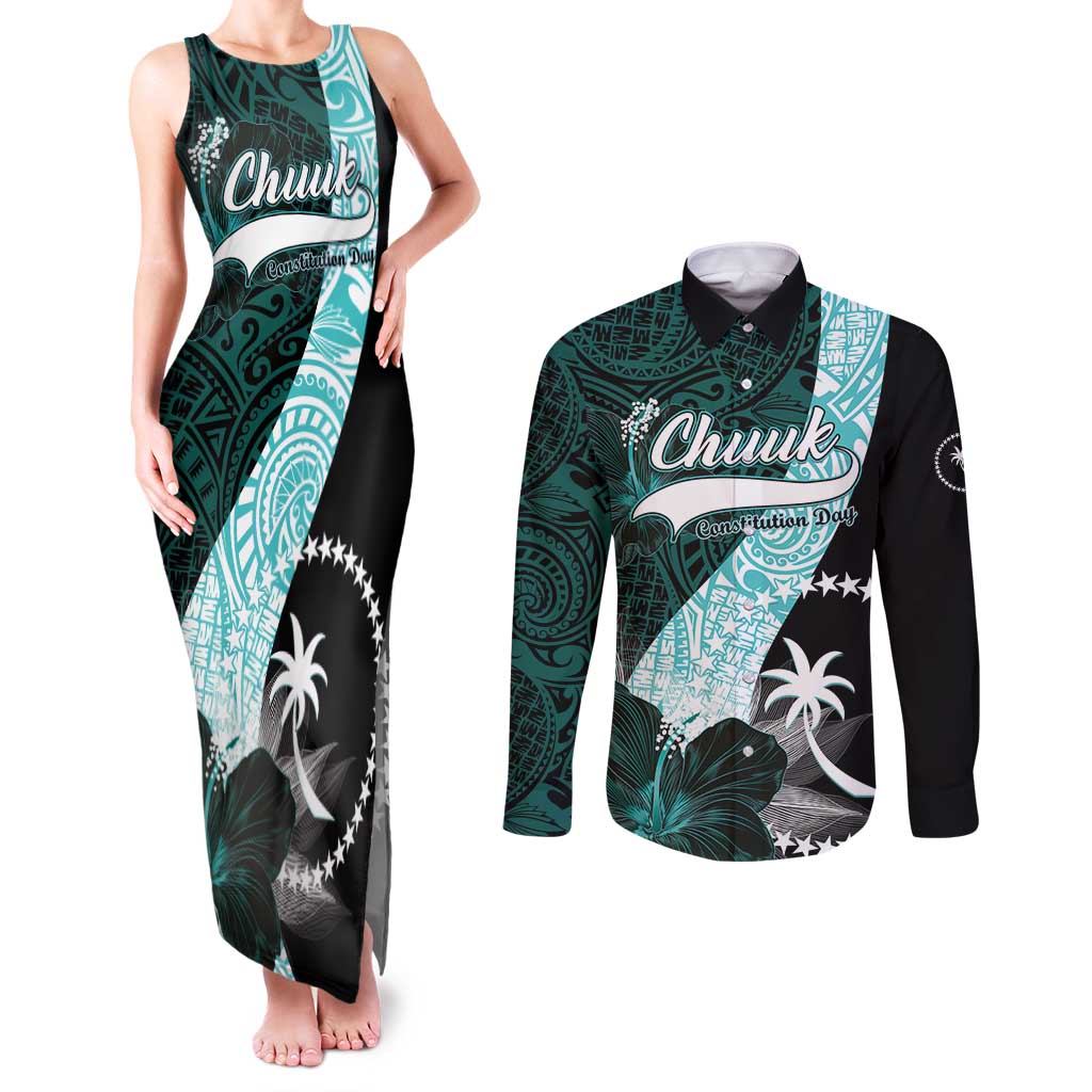 Chuuk Constitution Day Couples Matching Tank Maxi Dress and Long Sleeve Button Shirt Hibiscus Turquoise Pattern LT01 Turquoise - Polynesian Pride