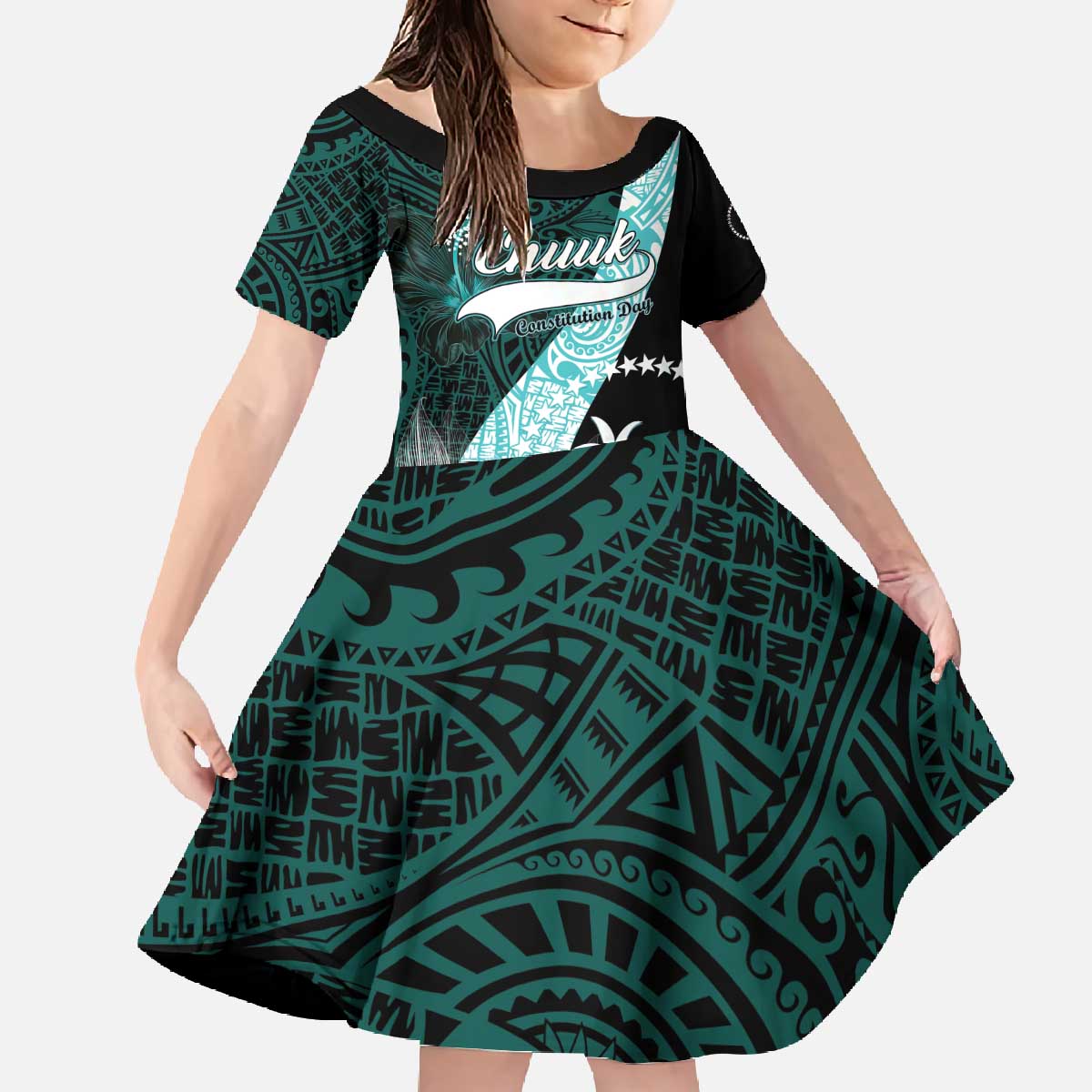 Chuuk Constitution Day Family Matching Off The Shoulder Long Sleeve Dress and Hawaiian Shirt Hibiscus Turquoise Pattern LT01 Daughter's Dress Turquoise - Polynesian Pride