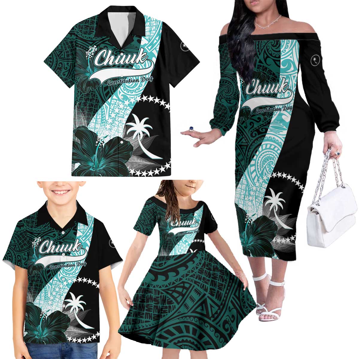 Chuuk Constitution Day Family Matching Off The Shoulder Long Sleeve Dress and Hawaiian Shirt Hibiscus Turquoise Pattern LT01 - Polynesian Pride