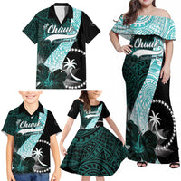 Chuuk Constitution Day Family Matching Off Shoulder Maxi Dress and Hawaiian Shirt Hibiscus Turquoise Pattern