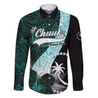 Chuuk Constitution Day Family Matching Off Shoulder Short Dress and Hawaiian Shirt Hibiscus Turquoise Pattern LT01 Dad's Shirt - Long Sleeve Turquoise - Polynesian Pride