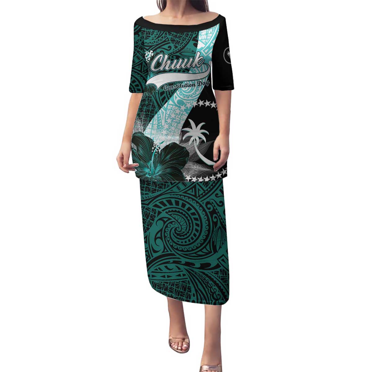 Chuuk Constitution Day Family Matching Puletasi and Hawaiian Shirt Hibiscus Turquoise Pattern