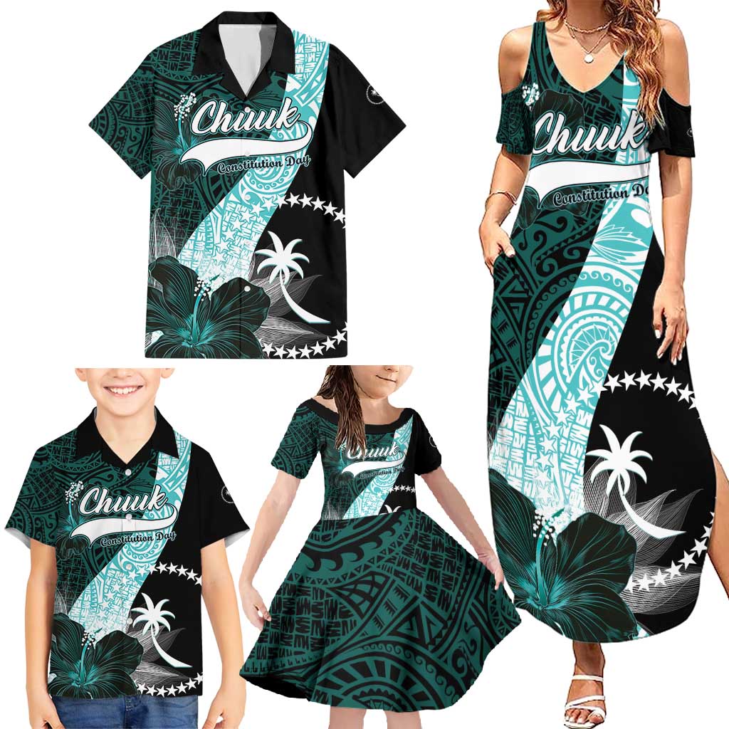 Chuuk Constitution Day Family Matching Summer Maxi Dress and Hawaiian Shirt Hibiscus Turquoise Pattern LT01 - Polynesian Pride