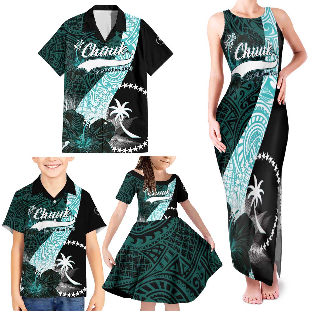 Chuuk Constitution Day Family Matching Tank Maxi Dress and Hawaiian Shirt Hibiscus Turquoise Pattern LT01 - Polynesian Pride