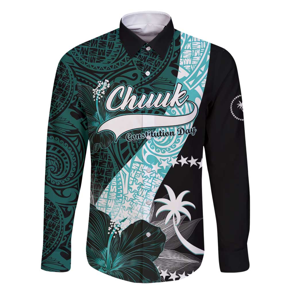 Chuuk Constitution Day Family Matching Tank Maxi Dress and Hawaiian Shirt Hibiscus Turquoise Pattern LT01 Dad's Shirt - Long Sleeve Turquoise - Polynesian Pride