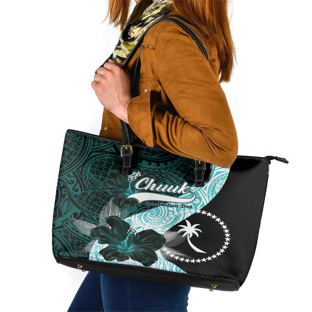 Chuuk Constitution Day Leather Tote Bag Hibiscus Turquoise Pattern LT01 Turquoise - Polynesian Pride