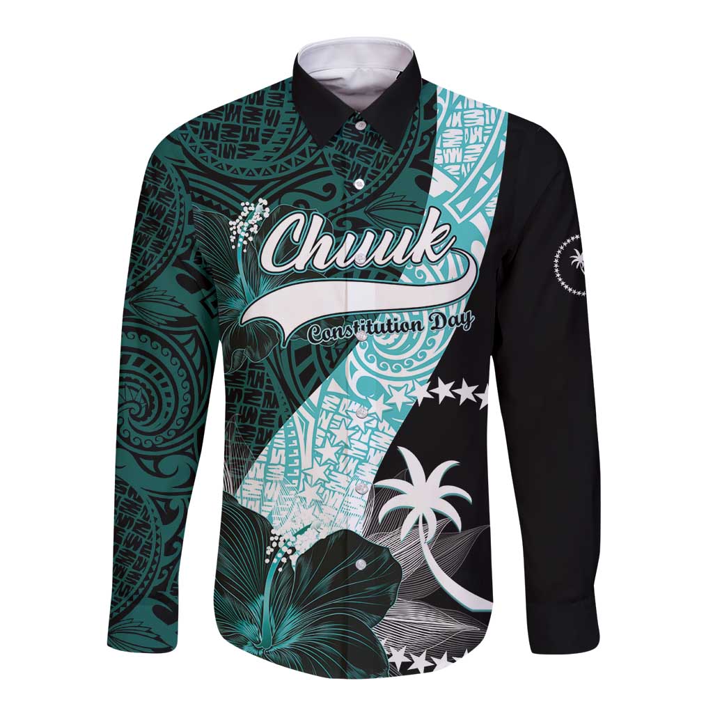 Chuuk Constitution Day Long Sleeve Button Shirt Hibiscus Turquoise Pattern LT01 Unisex Turquoise - Polynesian Pride