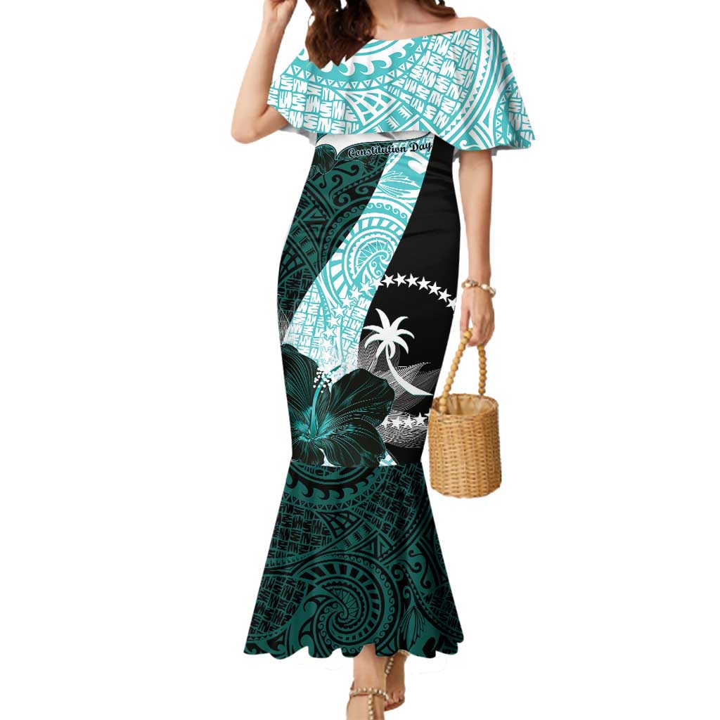 Chuuk Constitution Day Mermaid Dress Hibiscus Turquoise Pattern LT01 Women Turquoise - Polynesian Pride
