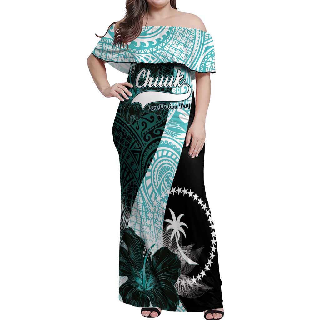 Chuuk Constitution Day Off Shoulder Maxi Dress Hibiscus Turquoise Pattern LT01 Women Turquoise - Polynesian Pride