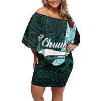 Chuuk Constitution Day Off Shoulder Short Dress Hibiscus Turquoise Pattern LT01 Women Turquoise - Polynesian Pride