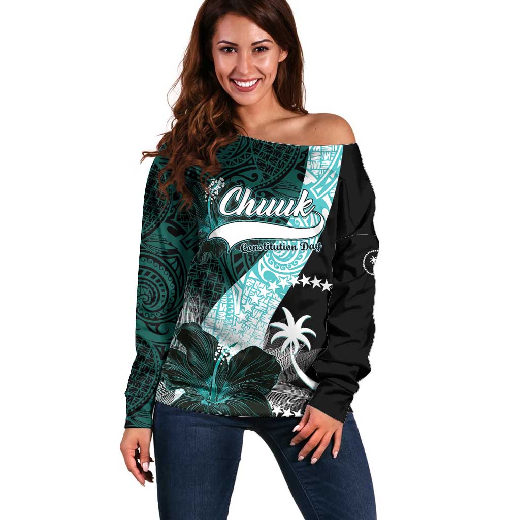 Chuuk Constitution Day Off Shoulder Sweater Hibiscus Turquoise Pattern LT01 Women Turquoise - Polynesian Pride