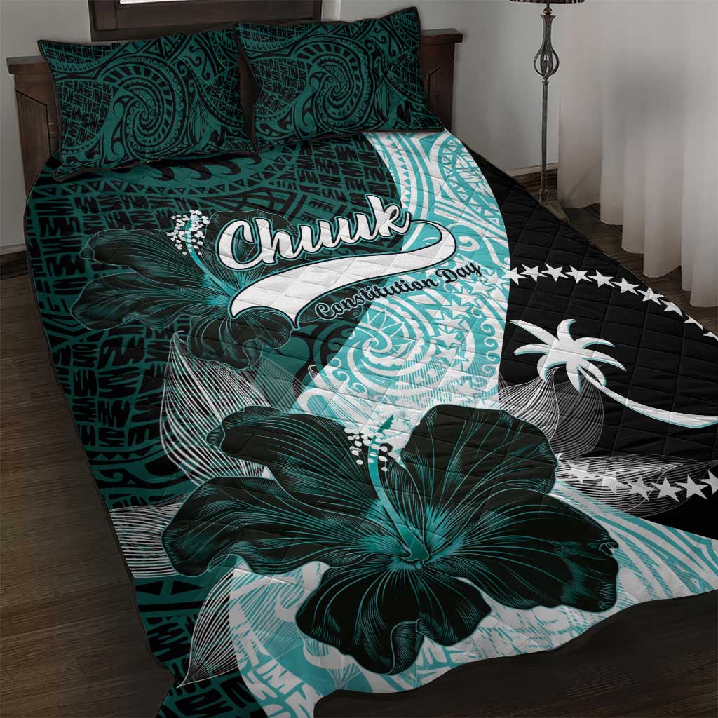Chuuk Constitution Day Quilt Bed Set Hibiscus Turquoise Pattern LT01 Turquoise - Polynesian Pride