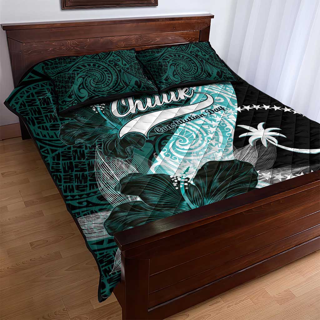 Chuuk Constitution Day Quilt Bed Set Hibiscus Turquoise Pattern
