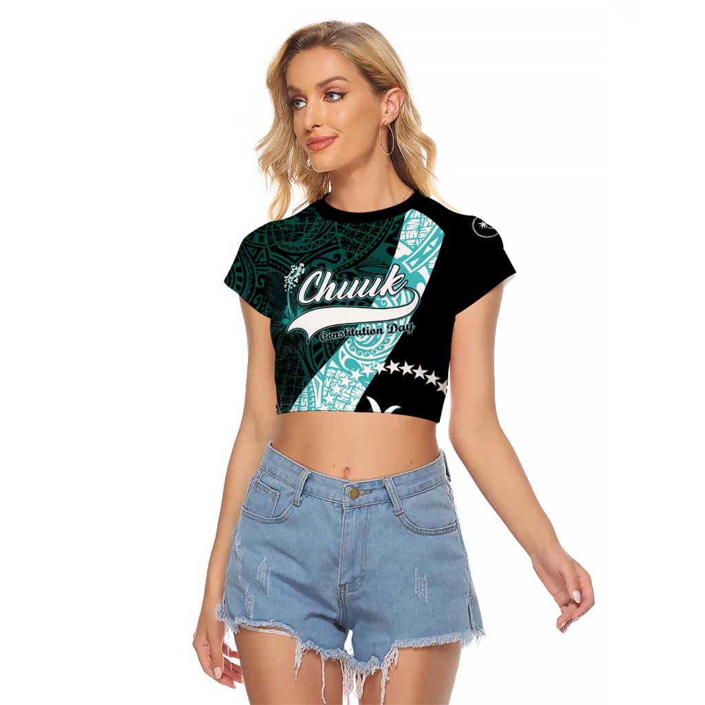 Chuuk Constitution Day Raglan Cropped T Shirt Hibiscus Turquoise Pattern LT01 Female Turquoise - Polynesian Pride