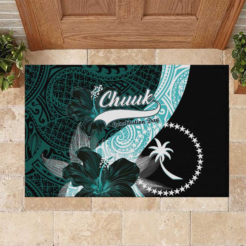 Chuuk Constitution Day Rubber Doormat Hibiscus Turquoise Pattern LT01 Turquoise - Polynesian Pride