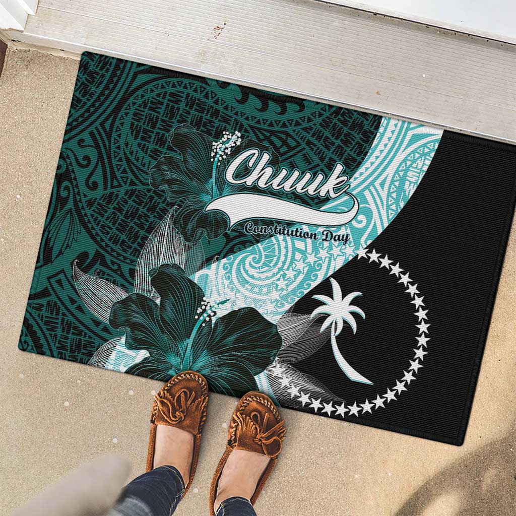 Chuuk Constitution Day Rubber Doormat Hibiscus Turquoise Pattern