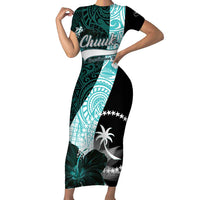 Chuuk Constitution Day Short Sleeve Bodycon Dress Hibiscus Turquoise Pattern LT01 Long Dress Turquoise - Polynesian Pride
