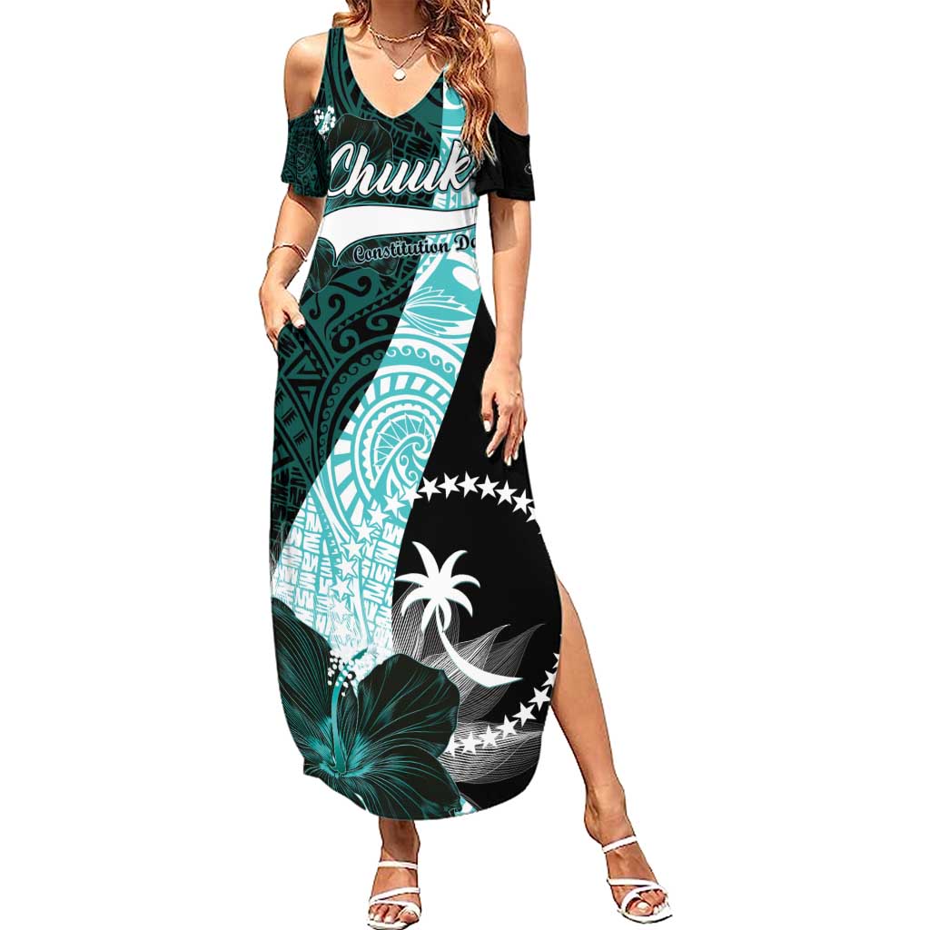 Chuuk Constitution Day Summer Maxi Dress Hibiscus Turquoise Pattern LT01 Women Turquoise - Polynesian Pride