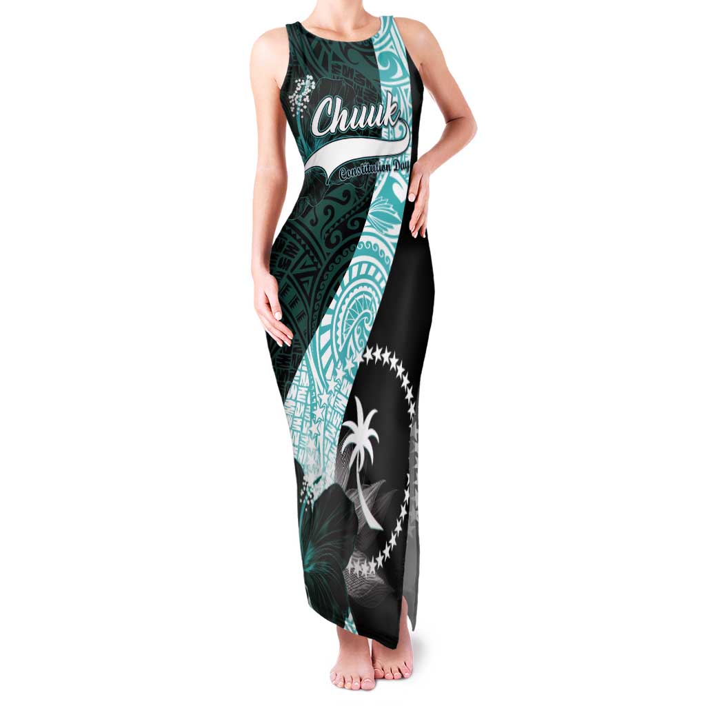 Chuuk Constitution Day Tank Maxi Dress Hibiscus Turquoise Pattern LT01 Women Turquoise - Polynesian Pride