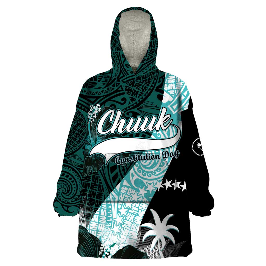 Chuuk Constitution Day Wearable Blanket Hoodie Hibiscus Turquoise Pattern LT01 One Size Turquoise - Polynesian Pride