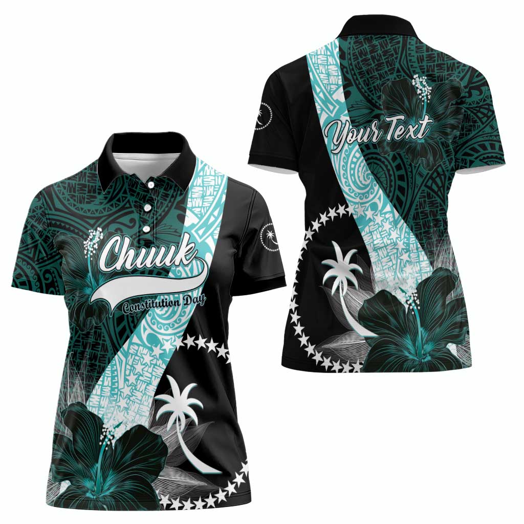 Chuuk Constitution Day Women Polo Shirt Hibiscus Turquoise Pattern