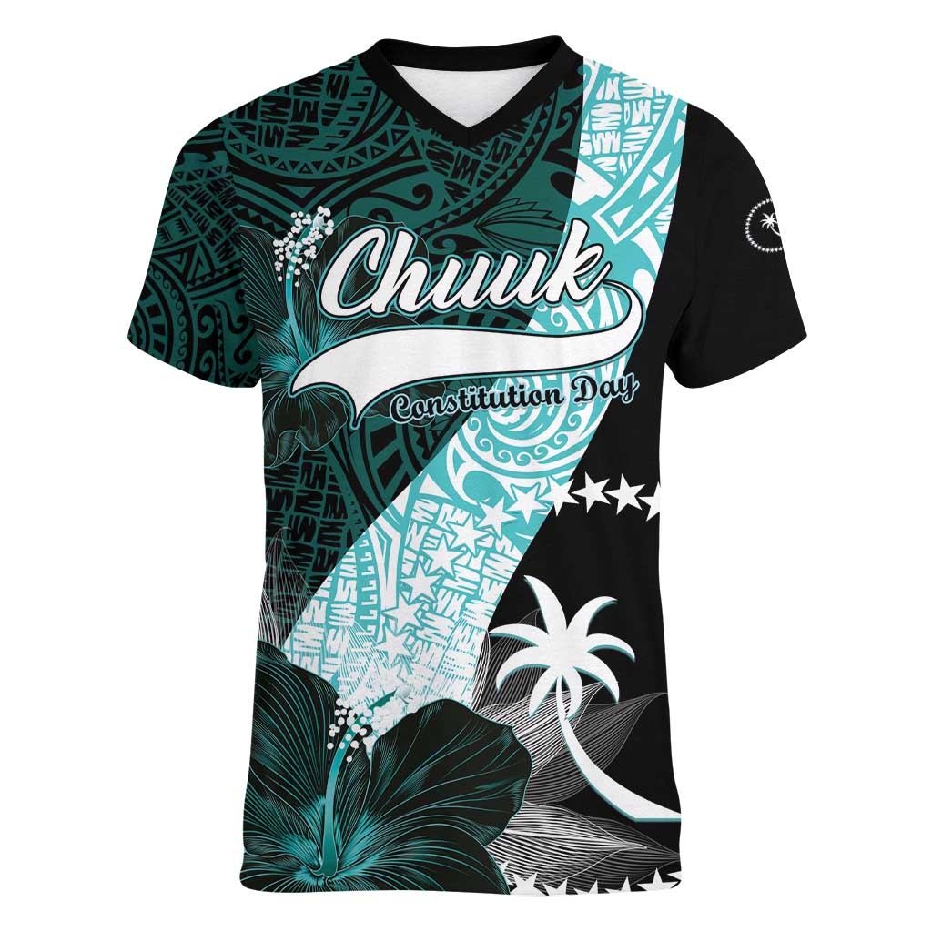 Chuuk Constitution Day Women V-Neck T-Shirt Hibiscus Turquoise Pattern LT01 Female Turquoise - Polynesian Pride