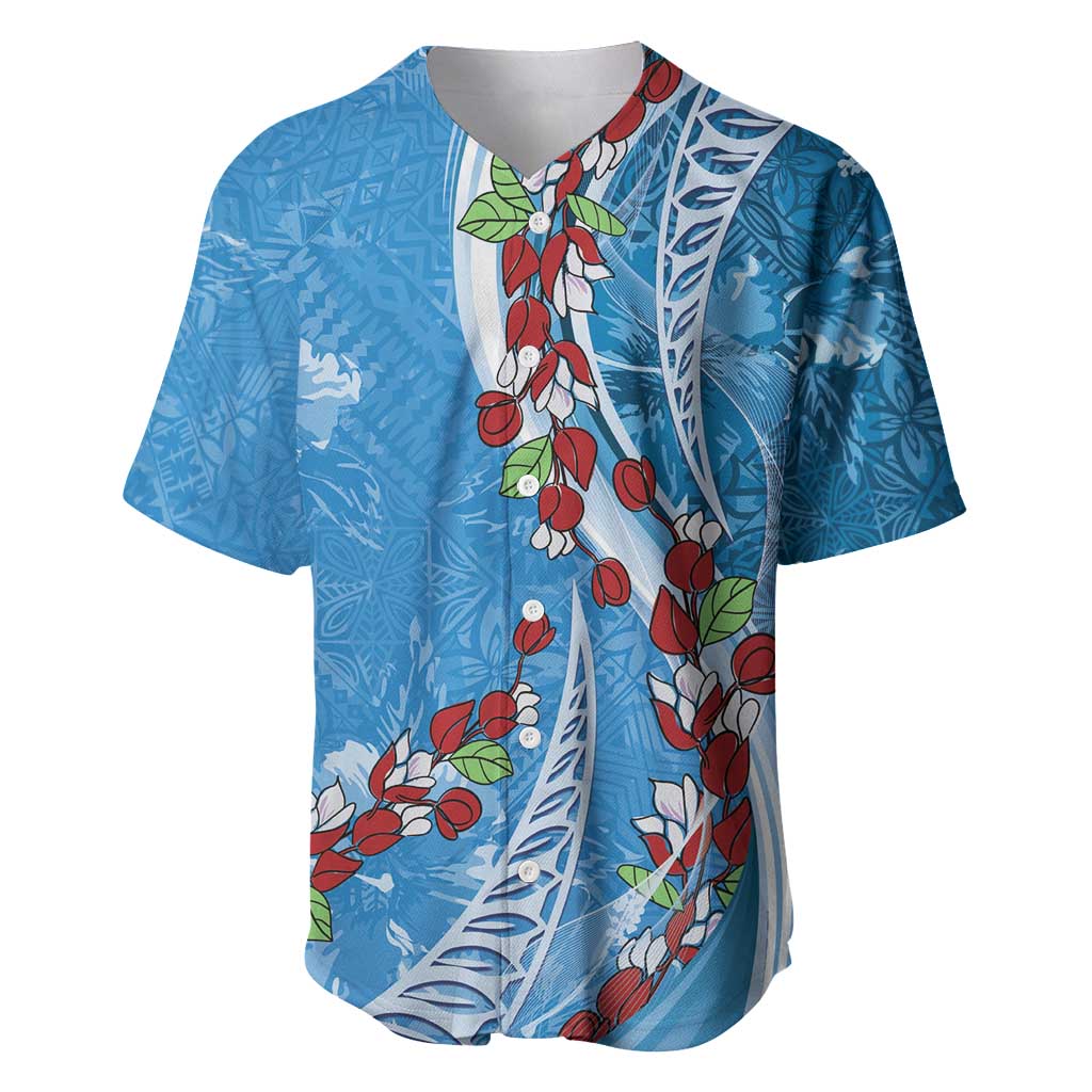 Fiji Tagimaucia Floral Baseball Jersey Tapa Pattern LT01 Blue - Polynesian Pride