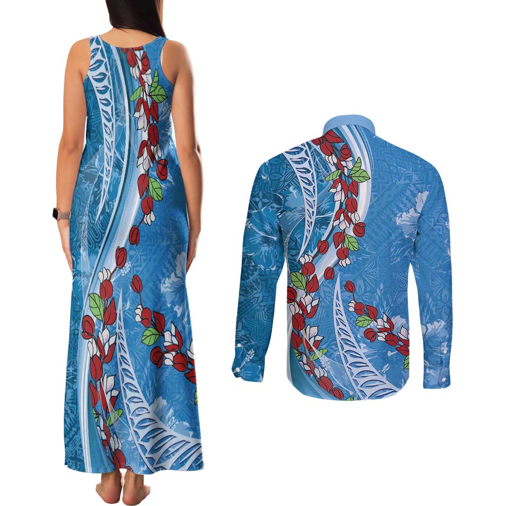 Fiji Tagimaucia Floral Couples Matching Tank Maxi Dress and Long Sleeve Button Shirt Tapa Pattern