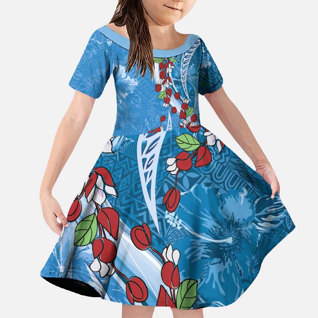 Fiji Tagimaucia Floral Family Matching Mermaid Dress and Hawaiian Shirt Tapa Pattern LT01 Daughter's Dress Blue - Polynesian Pride