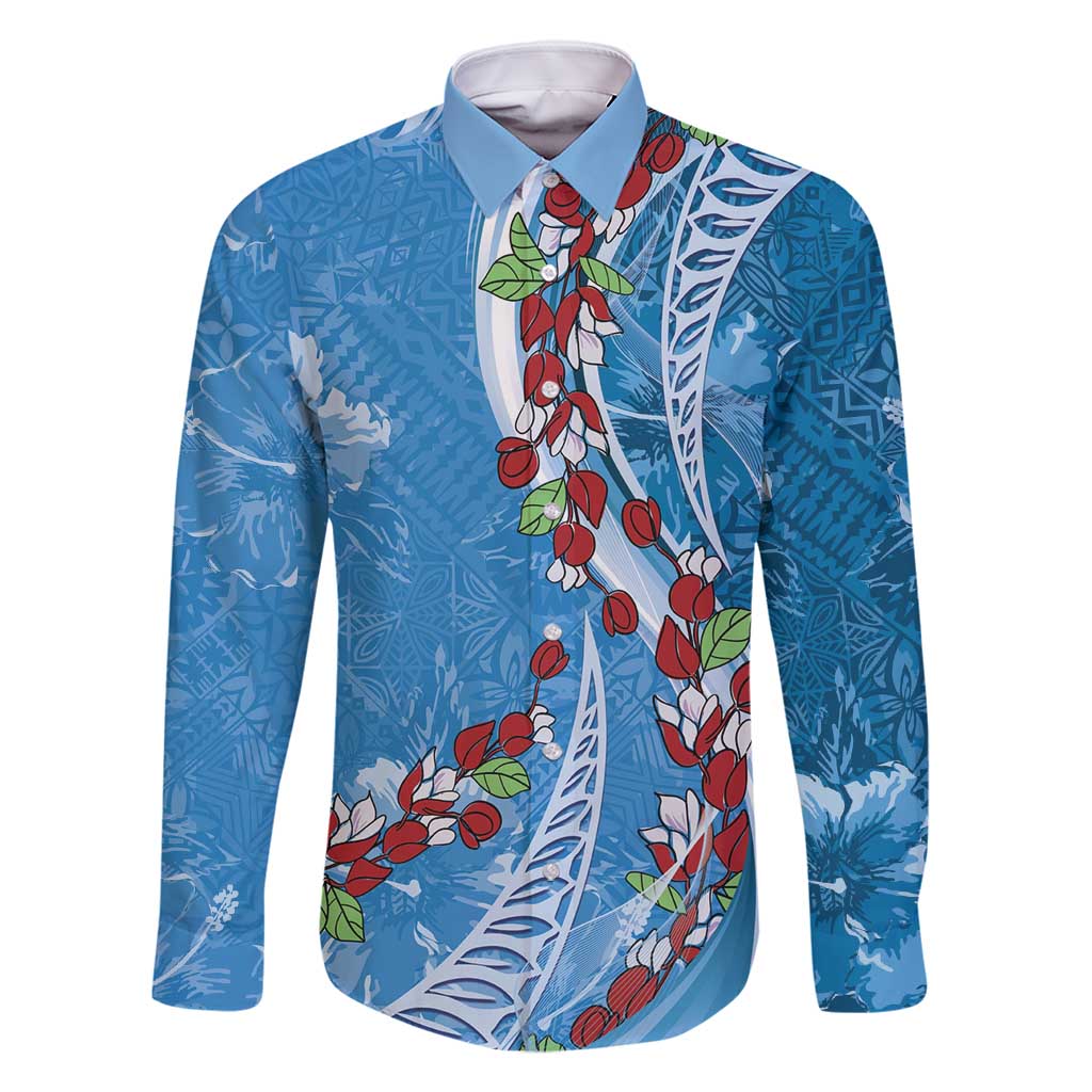 Fiji Tagimaucia Floral Family Matching Mermaid Dress and Hawaiian Shirt Tapa Pattern LT01 Dad's Shirt - Long Sleeve Blue - Polynesian Pride