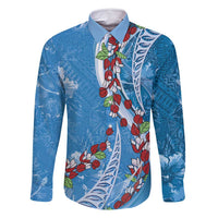 Fiji Tagimaucia Floral Family Matching Mermaid Dress and Hawaiian Shirt Tapa Pattern LT01 Dad's Shirt - Long Sleeve Blue - Polynesian Pride