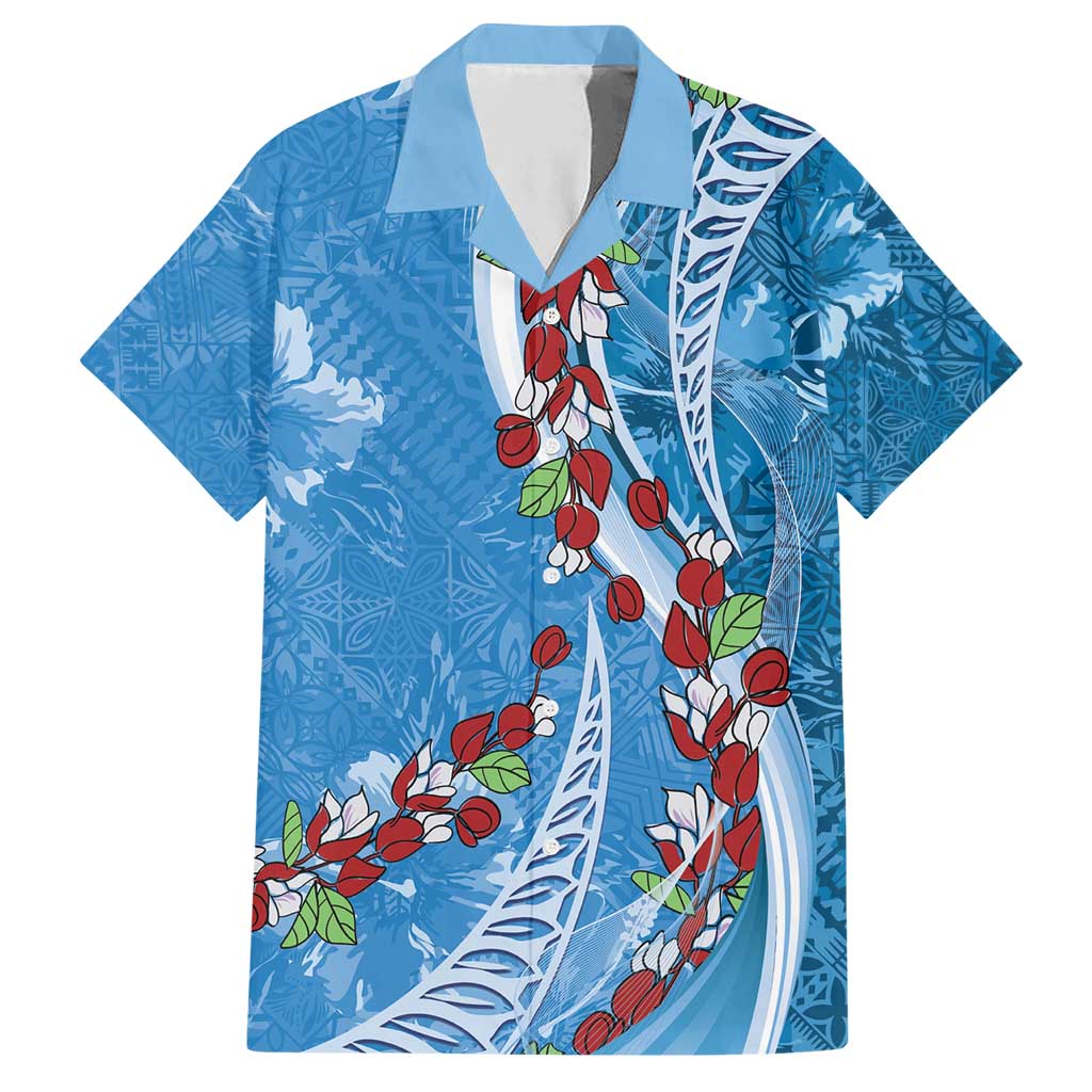Fiji Tagimaucia Floral Family Matching Short Sleeve Bodycon Dress and Hawaiian Shirt Tapa Pattern LT01 Dad's Shirt - Short Sleeve Blue - Polynesian Pride