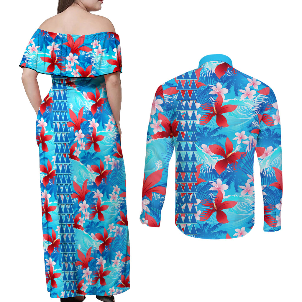 Hawaii Christmas Couples Matching Off Shoulder Maxi Dress and Long Sleeve Button Shirt Santa Claus Surfing Kakau Tropical Style LT01 - Polynesian Pride