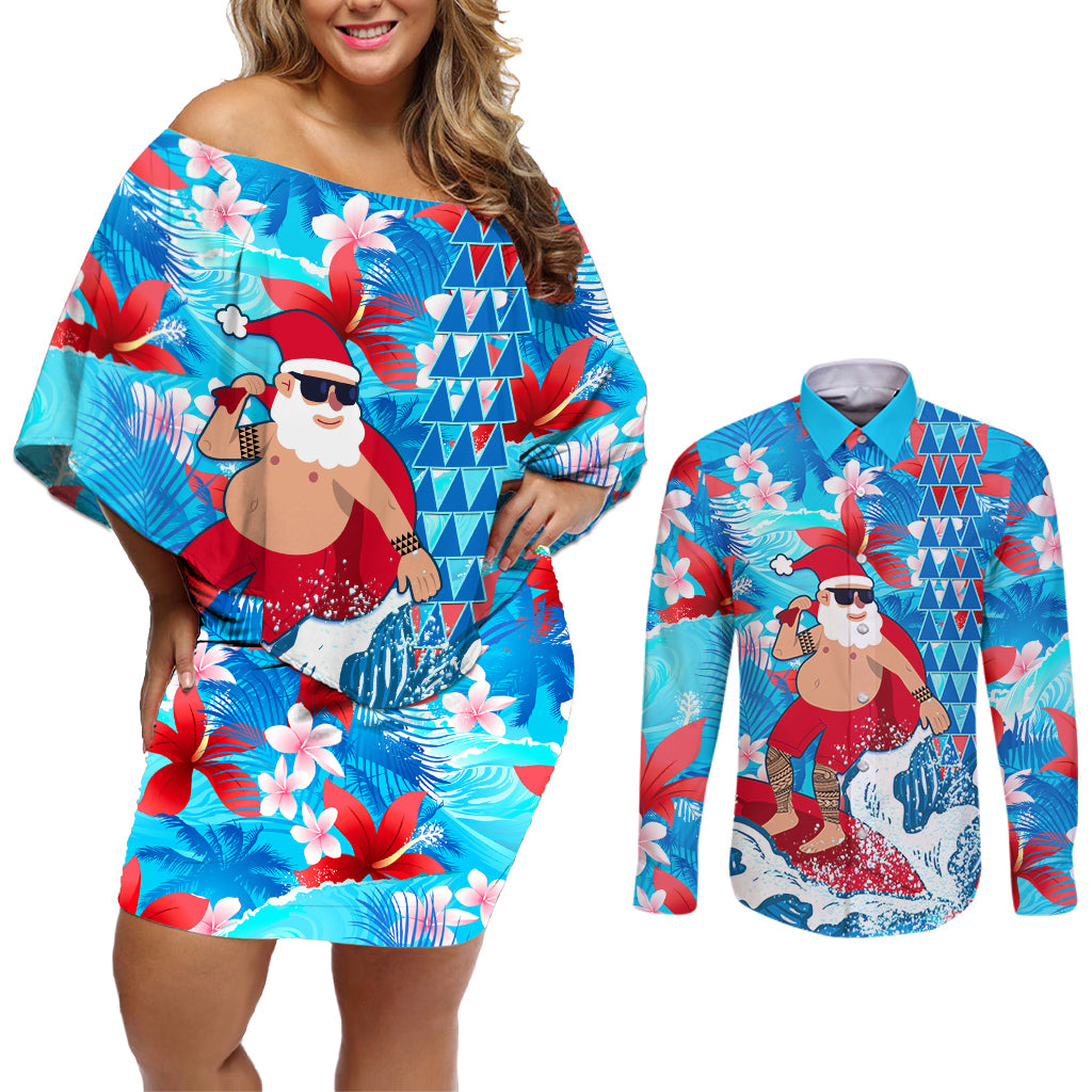 Hawaii Christmas Couples Matching Off Shoulder Short Dress and Long Sleeve Button Shirt Santa Claus Surfing Kakau Tropical Style LT01 Blue - Polynesian Pride