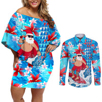 Hawaii Christmas Couples Matching Off Shoulder Short Dress and Long Sleeve Button Shirt Santa Claus Surfing Kakau Tropical Style LT01 Blue - Polynesian Pride