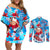 Hawaii Christmas Couples Matching Off Shoulder Short Dress and Long Sleeve Button Shirt Santa Claus Surfing Kakau Tropical Style LT01 Blue - Polynesian Pride