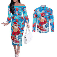 Hawaii Christmas Couples Matching Off The Shoulder Long Sleeve Dress and Long Sleeve Button Shirt Santa Claus Surfing Kakau Tropical Style LT01 Blue - Polynesian Pride