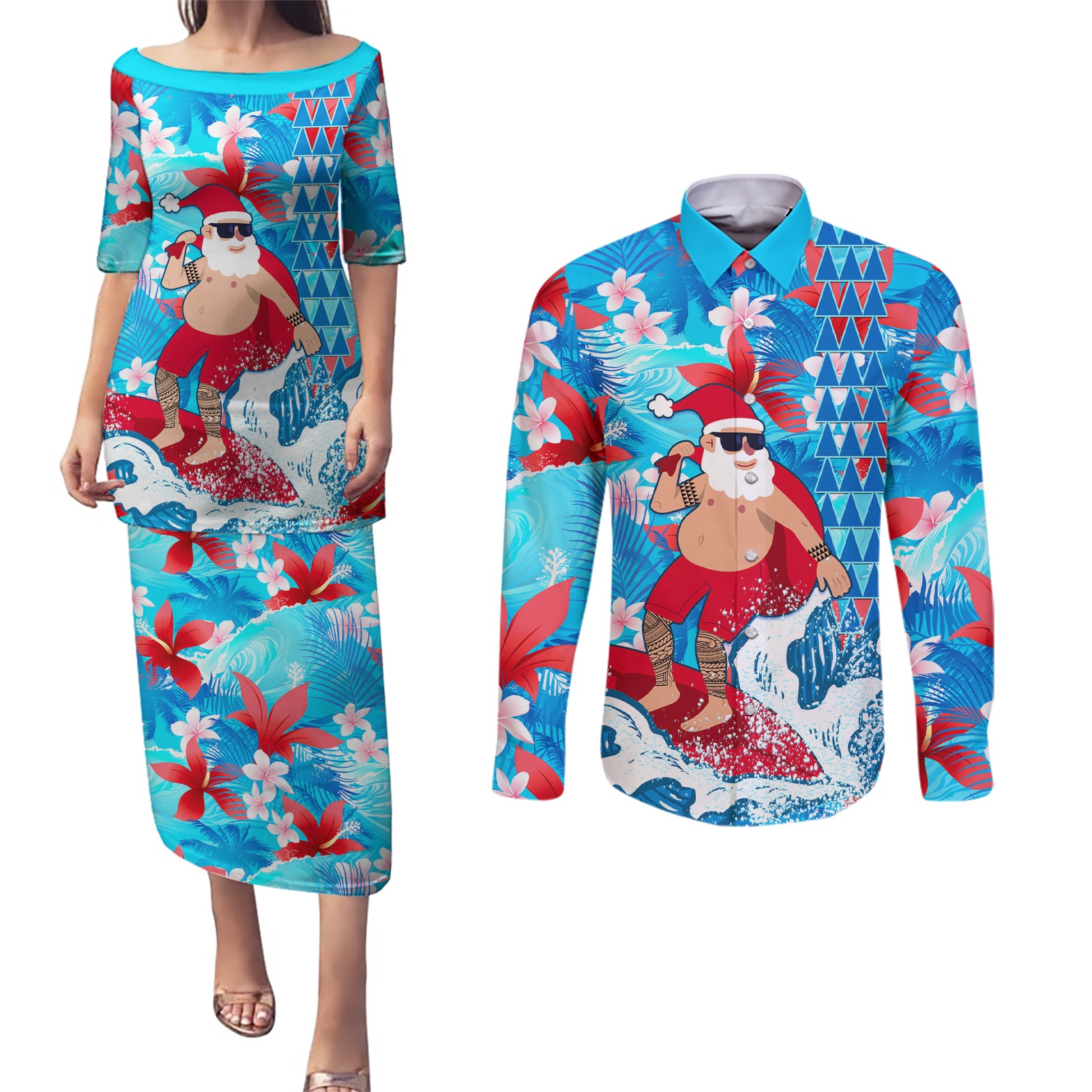 Hawaii Christmas Couples Matching Puletasi Dress and Long Sleeve Button Shirt Santa Claus Surfing Kakau Tropical Style LT01 Blue - Polynesian Pride