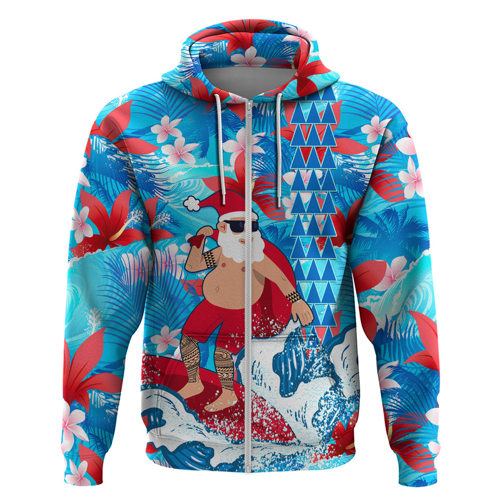 Hawaii Christmas Hoodie Santa Claus Surfing Kakau Tropical Style LT01 Zip Hoodie Blue - Polynesian Pride