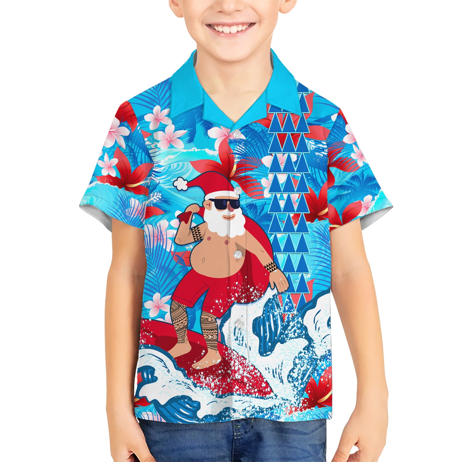 Hawaii Christmas Kid Hawaiian Shirt Santa Claus Surfing Kakau Tropical Style LT01 Kid Blue - Polynesian Pride