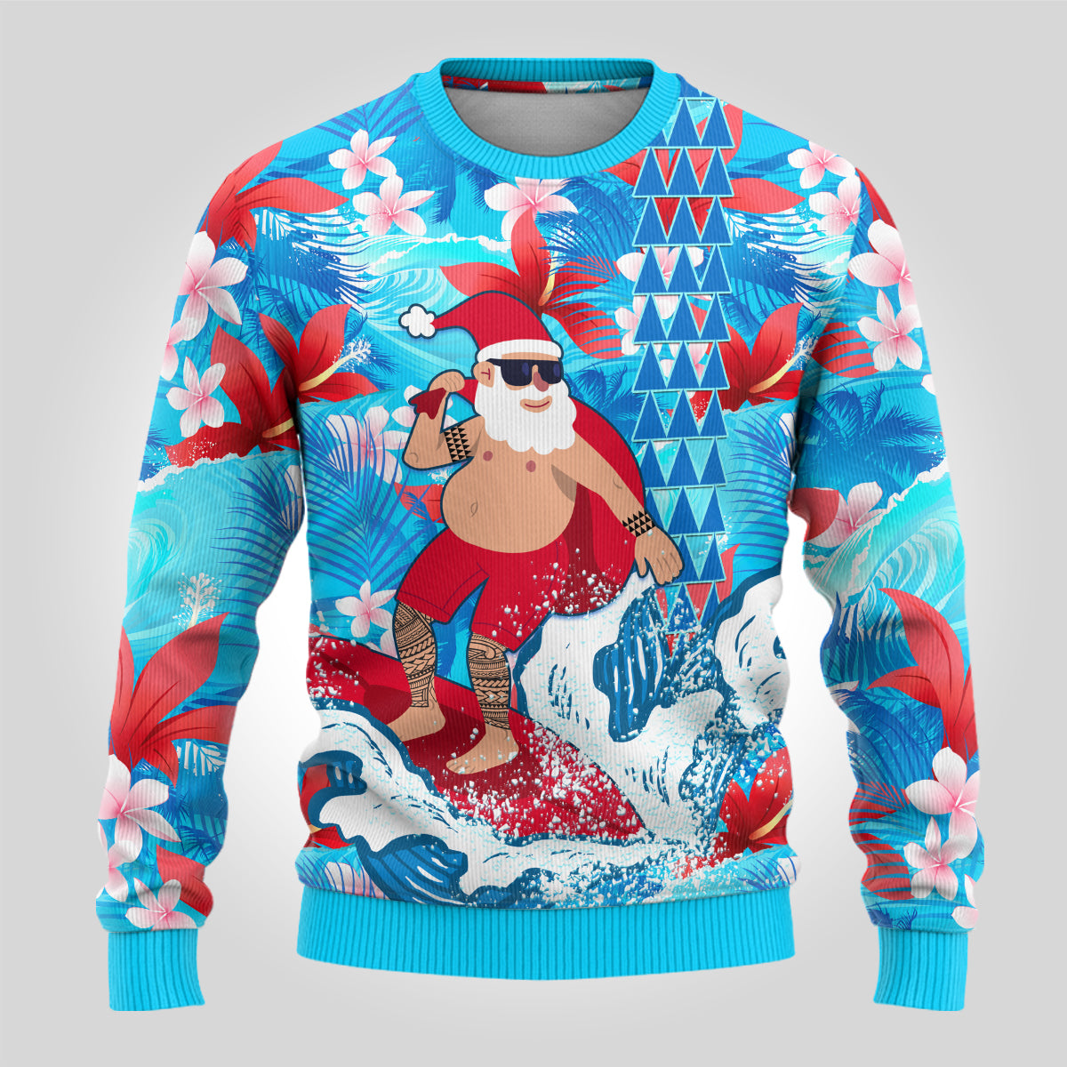Hawaii Christmas Ugly Christmas Sweater Santa Claus Surfing Kakau Trop Polynesian Pride