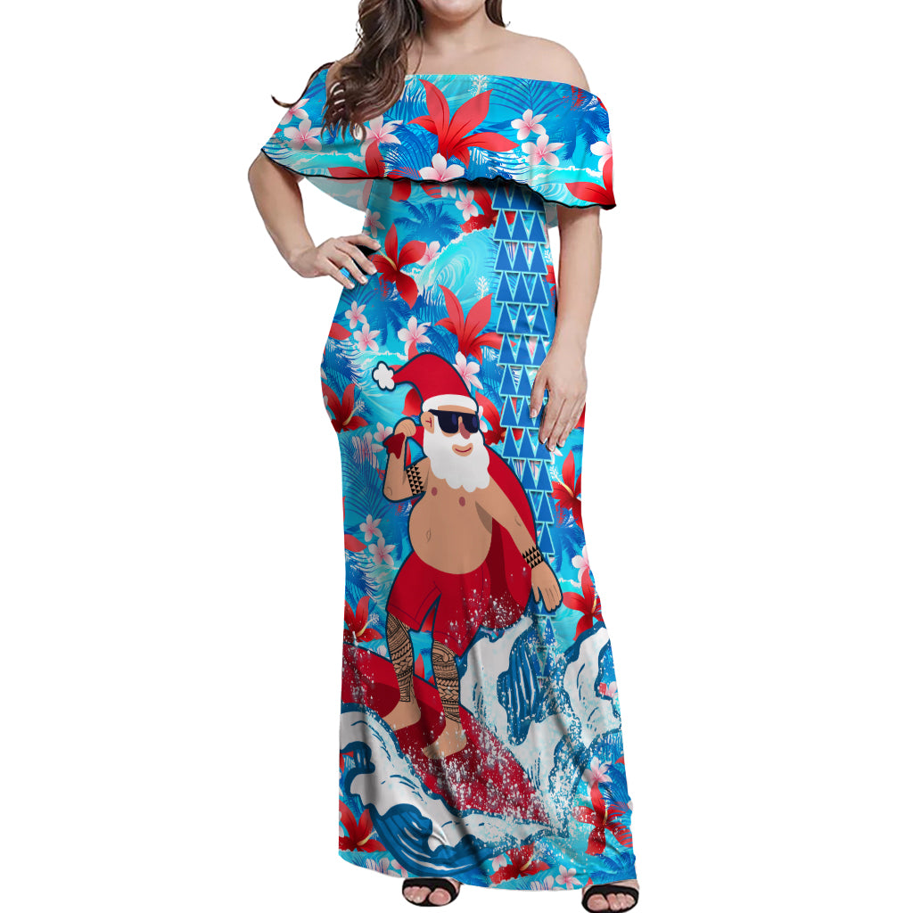 Hawaii Christmas Off Shoulder Maxi Dress Santa Claus Surfing Kakau Tro