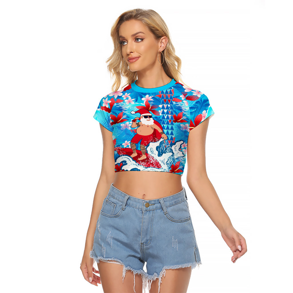 Hawaii Christmas Raglan Cropped T Shirt Santa Claus Surfing Kakau Tropical Style LT01 Female Blue - Polynesian Pride